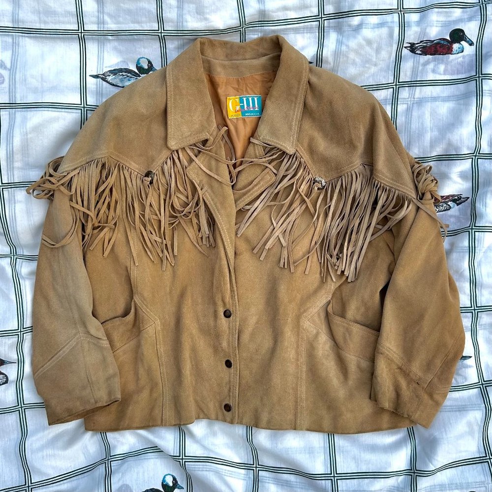 G-III tan suede leather Leather Fashions fringe vintage 80s coat